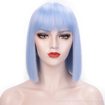 Hot sale wholesale cheap high quality premium blue short hair fibre synthetic bob air bang wigs heat resistant for black woman